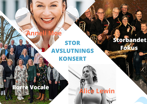 Konsert-collage med bilder av kammerkoret Borre Vocale, Storbandet Fokus, steppdanser Anneli Moe og sopran Alice Lewin.